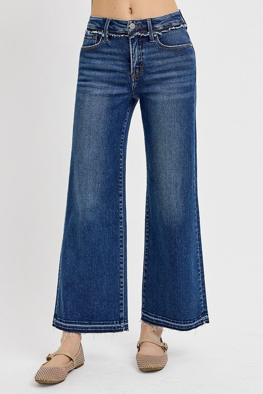 RISEN Tummy Control Raw Hem Zipper Fly Dark Washed Ankle Bootcut Denim Jeans