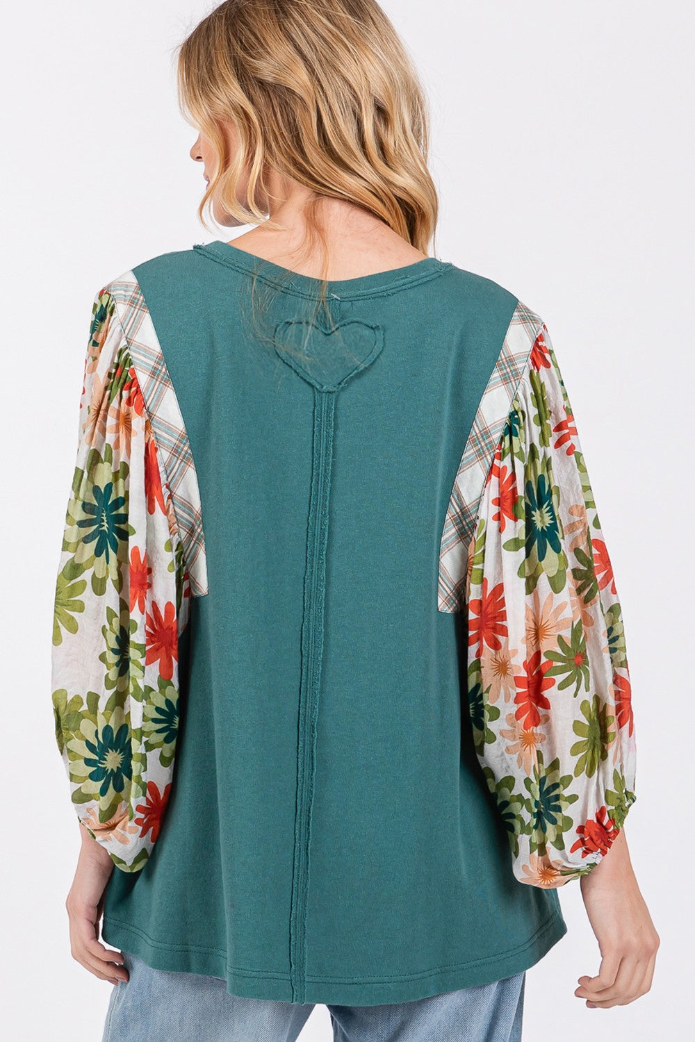 SAGE + FIG Floral Printed Balloon Sleeves Contrast Round Neck Knit Top | Teal