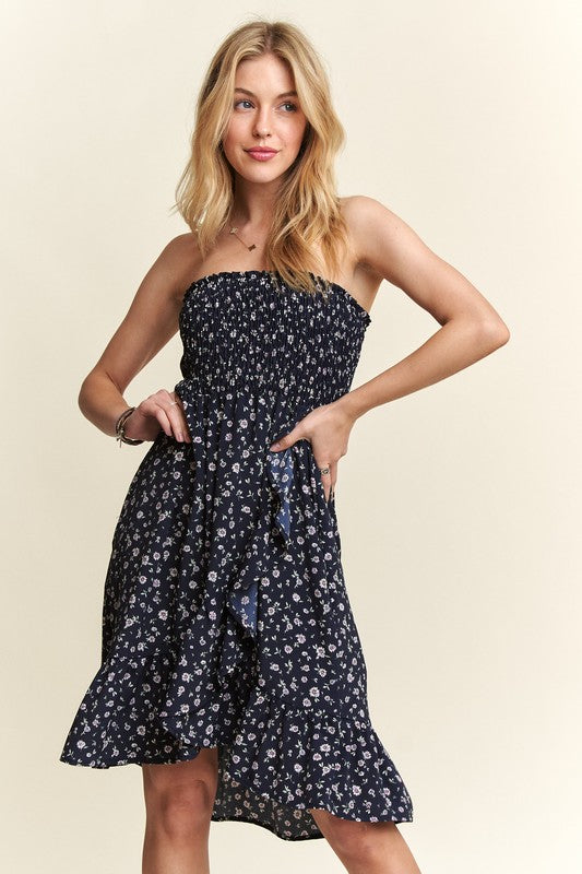 ADORA Smocked Floral Pattern Side Pockets High-Low Hem Tube Midi Dress | Navy