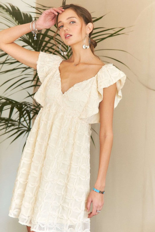 ADORA Open Tie Back Deep V-Neck Cap Ruffle Sleeves Babydoll Mini Dress | Ivory