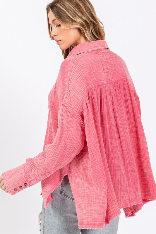 SAGE + FIG Frayed Hem Side Slit Button Down Pockets Oversized Shirt | Pink