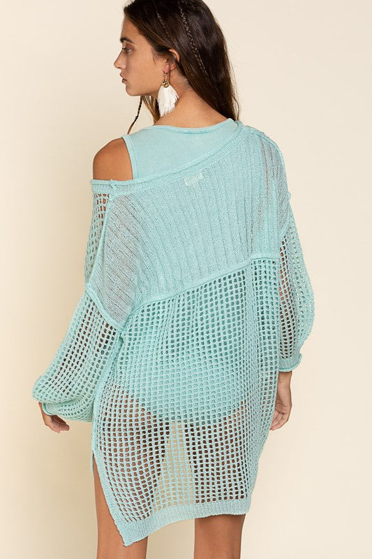 POL Oversized Openwork Balloon Sleeves See Through Cover Up Top