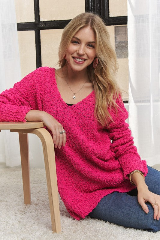 ADORA High-Low Hem Side Slit V-Neck Soft Popcorn Relaxed Fit Sweater | Hot Pink