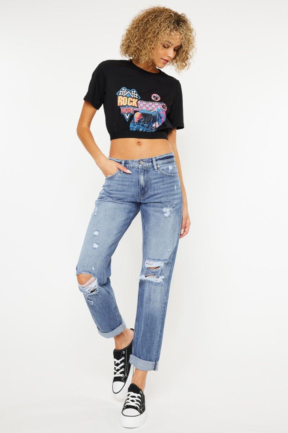 KanCan Mid Rise Cuffed Hem Distressed Light Wash Cropped Straight Denim Jeans