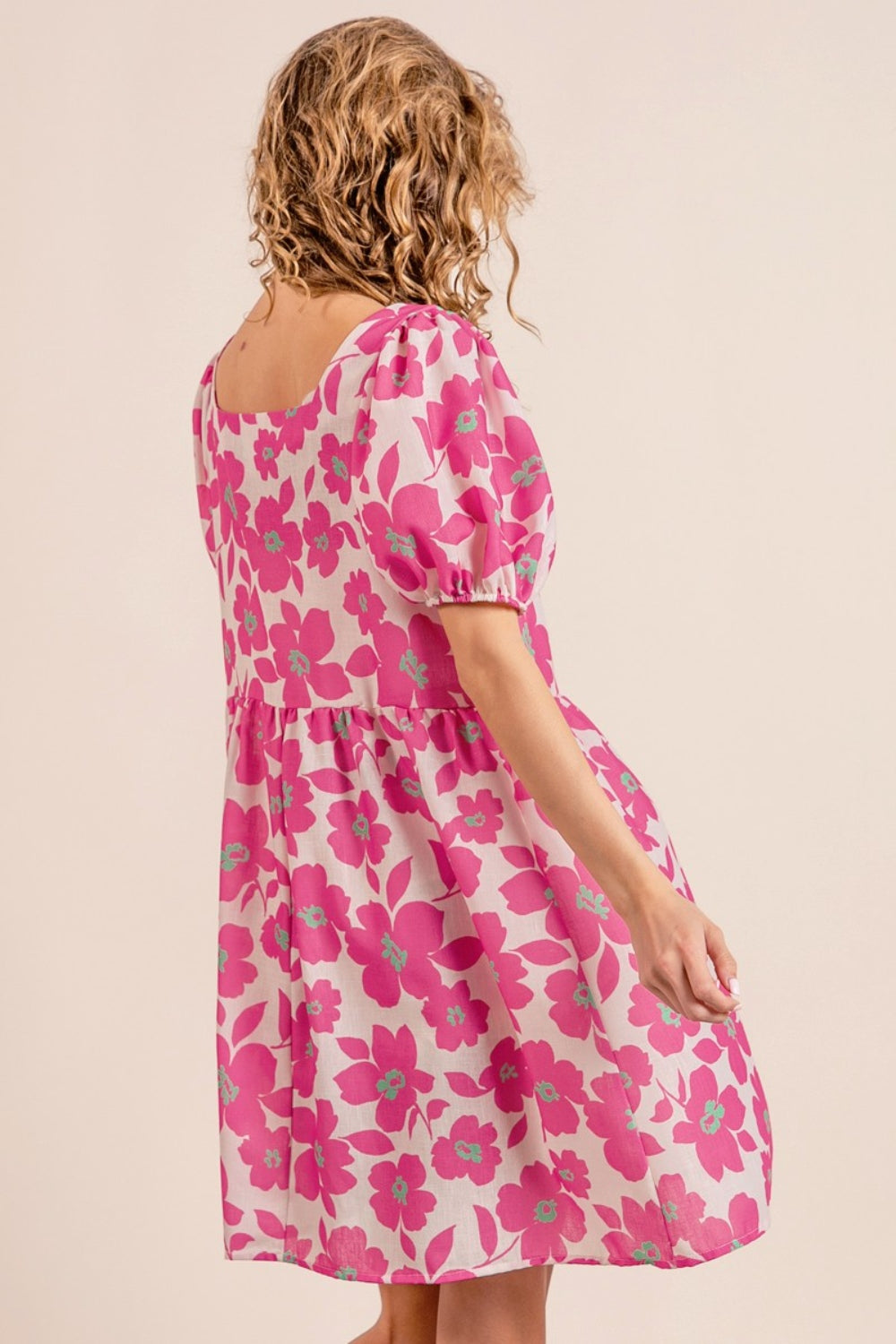BiBi Floral Print Puff Sleeves Square Neck Ruched Mini Dress | Fuchsia