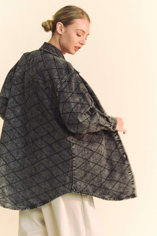 Davi & Dani Curved Hem Diamond Quilted Button Up Pockets Denim Shacket | Black