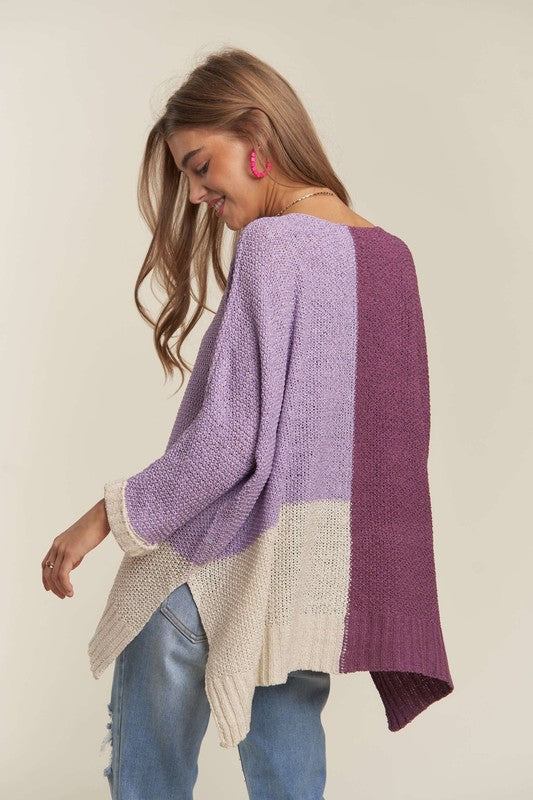 ADORA Side Slit Color Block Long Sleeves V-Neck Lightweight Sweater | Purple