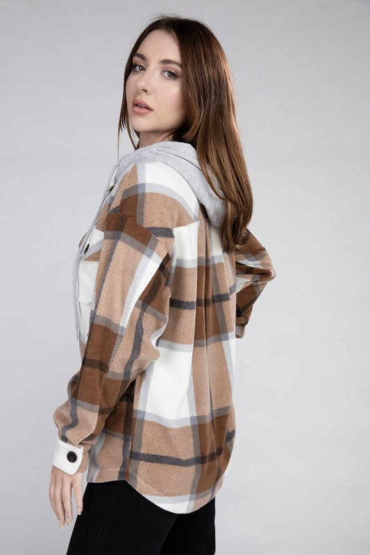 ZENANA Plaid Long Sleeves Drawstring Hooded Fleece Shacket