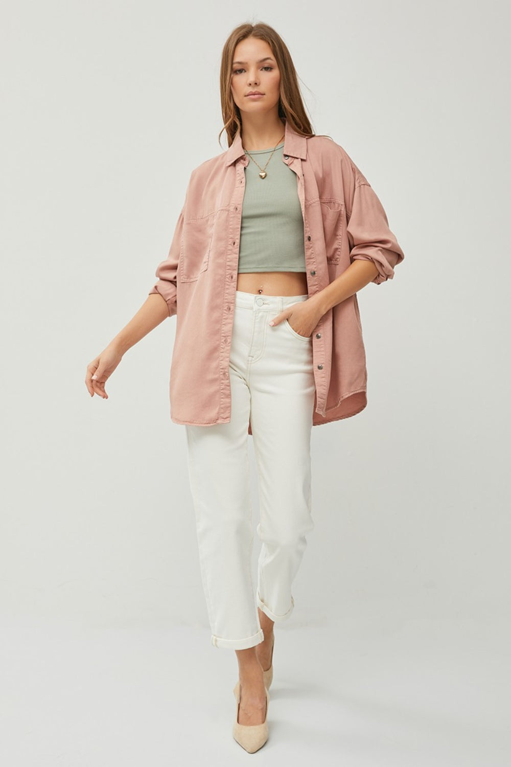 RISEN Button Up Long Sleeves Chest Pockets Relaxed Fit Denim Shirt | Mauve