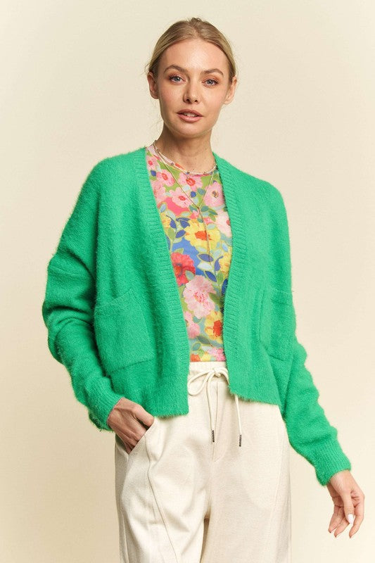 Davi & Dani Long Sleeves Open Front Drop Shoulder Front Pockets Cardigan | Green