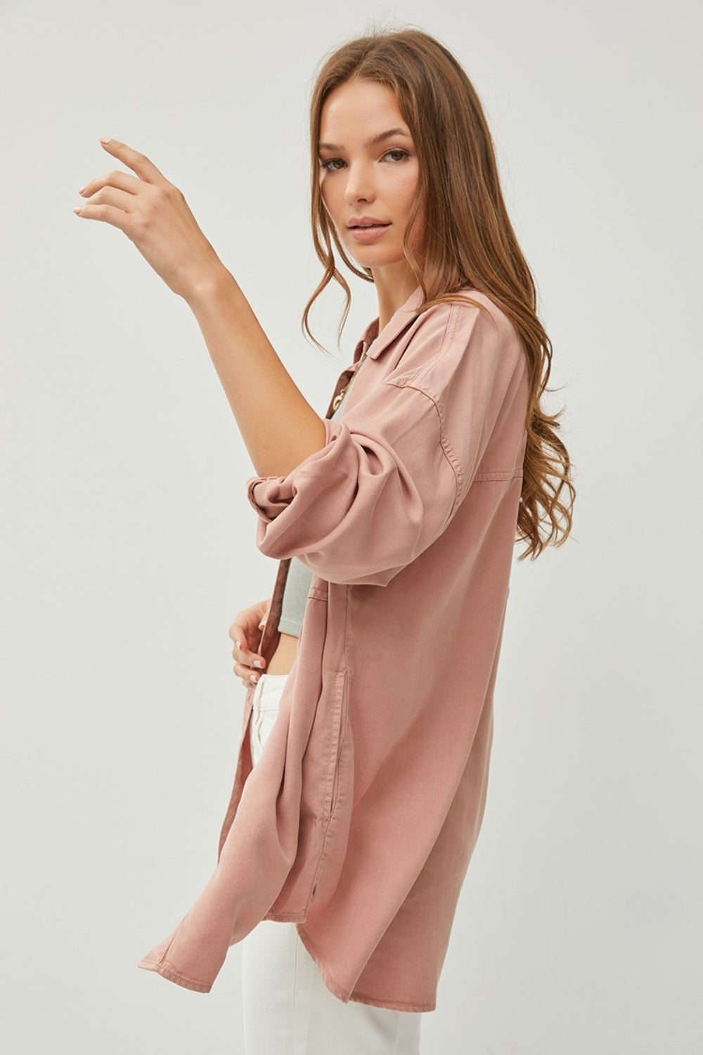 RISEN Button Up Long Sleeves Chest Pockets Relaxed Fit Denim Shirt | Mauve