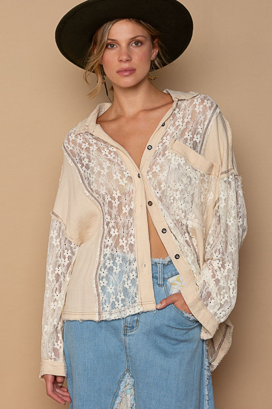 POL Oversized Floral Lace Detail Long Sleeves Button Down Shirt | Sand