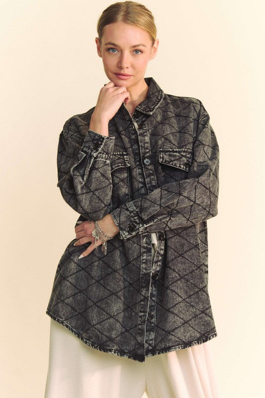 Davi & Dani Curved Hem Diamond Quilted Button Up Pockets Denim Shacket | Black