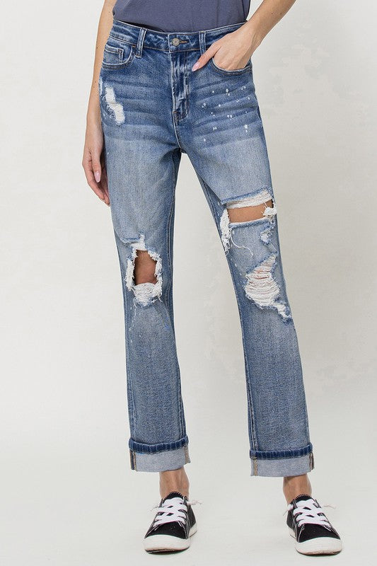 VERVET Glamorous Cuffed Hem Spatter Detail Stretch Distressed Mom Jeans