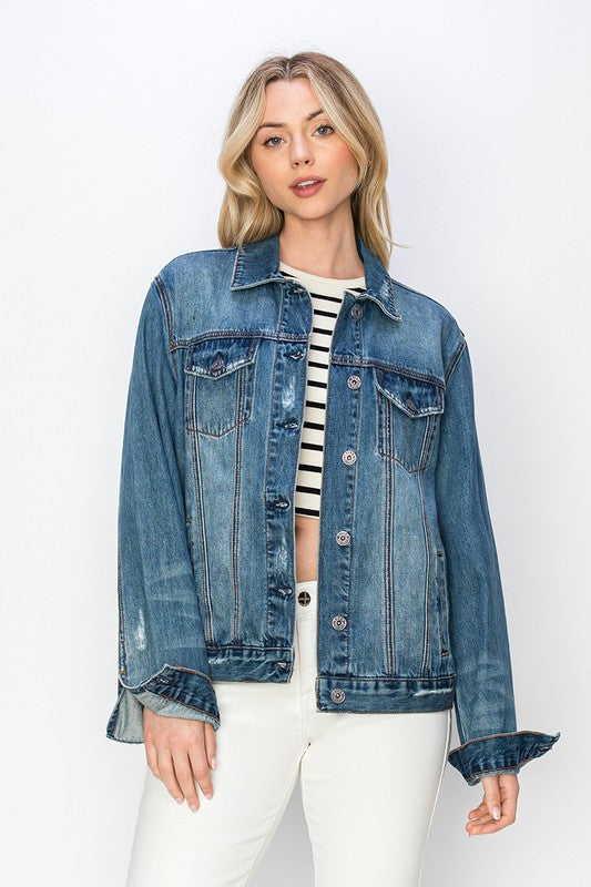RISEN Distressed Button Up Chest Pockets Dark Wash Relaxed Fit Vintage Jacket