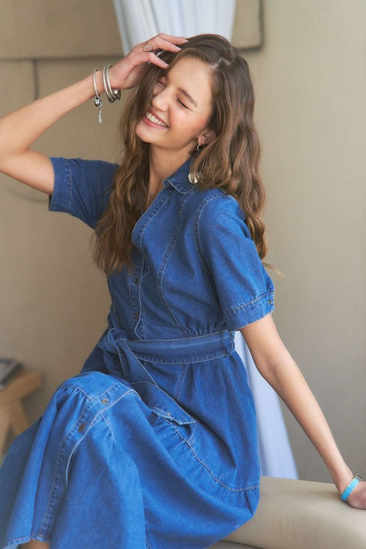 ADORA Tiered Detail Button Down Tie Waist Short Sleeves Dark Denim Midi Dress