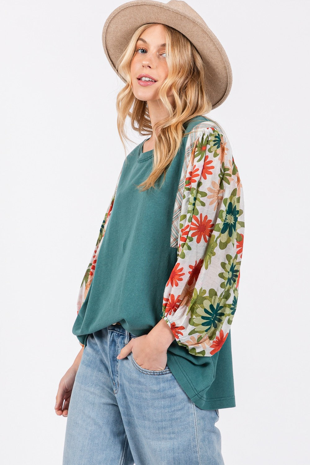 SAGE + FIG Floral Printed Balloon Sleeves Contrast Round Neck Knit Top | Teal
