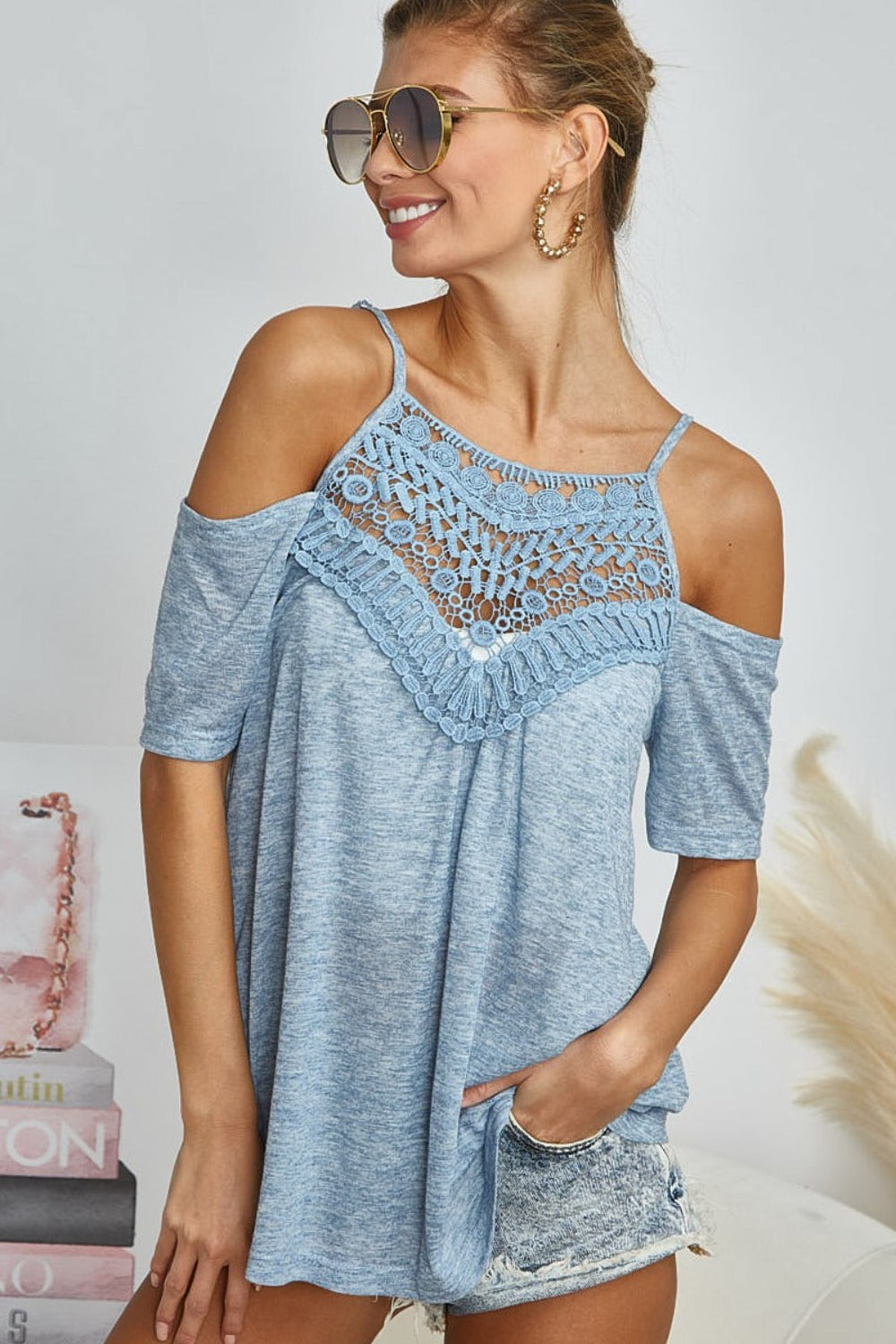 BiBi Front Crochet Lace Off Shoulder Adjustable Spaghetti Strap Top | Denim