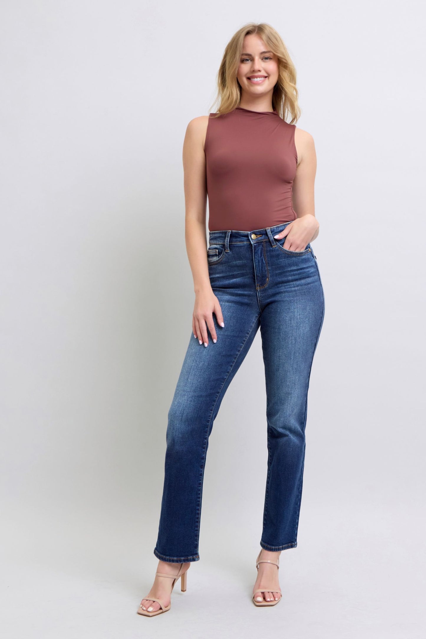 Judy Blue High Rise Waist Zipper Fly Stretch Dark Washed Straight Leg Jeans