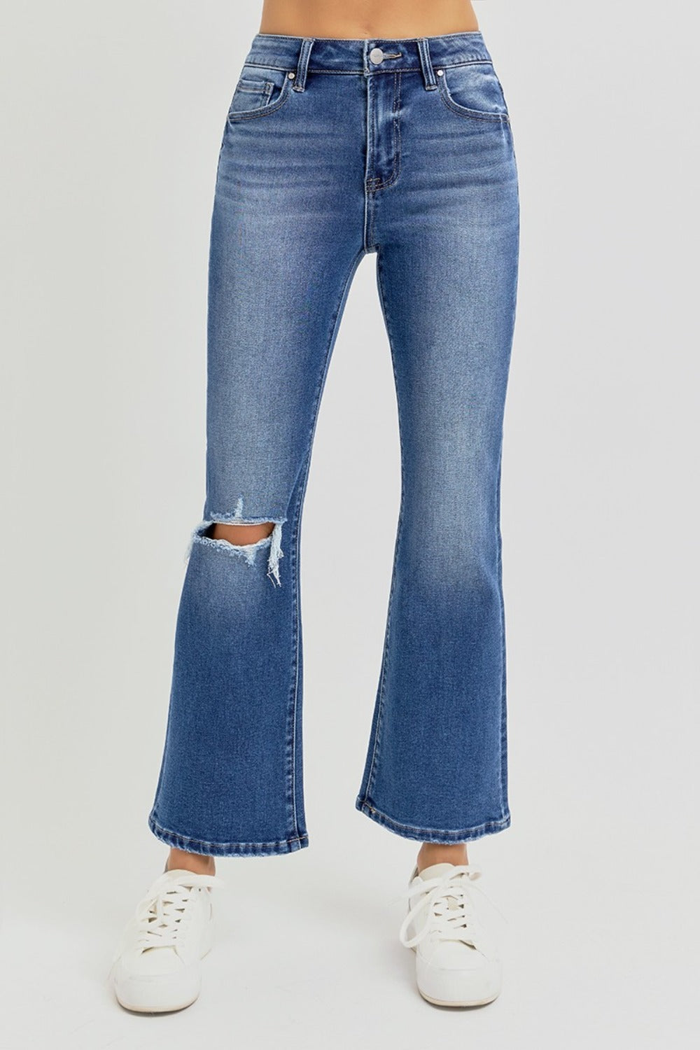 RISEN Distressed Knee High Rise Waist Dark Washed Cropped Flare Denim Jeans