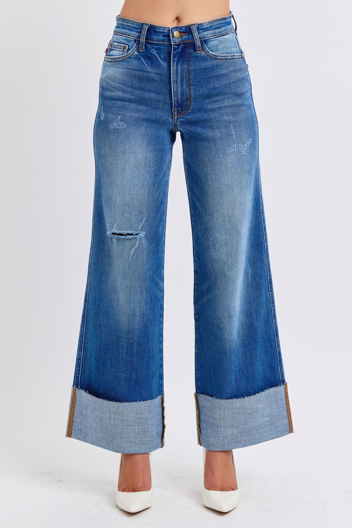 Judy Blue Distressed High Rise Cuffed Raw Hem Zip Fly Medium Wash Wide Leg Jeans