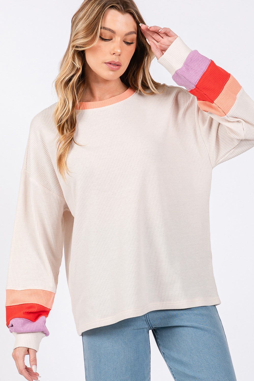 SAGE + FIG Color Block Raglan Sleeves Crew Neckline Waffle Knit T-Shirt | Sand