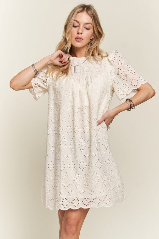 ADORA Ruffle Shoulder Eyelet Round Neck Scallop Edge Detail Mini Dress | Natural