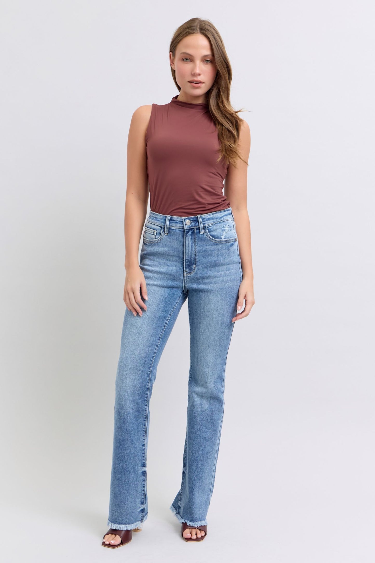 Judy Blue Raw Hem Detail High Rise Zipper Fly Medium Washed Bootcut Denim Jeans