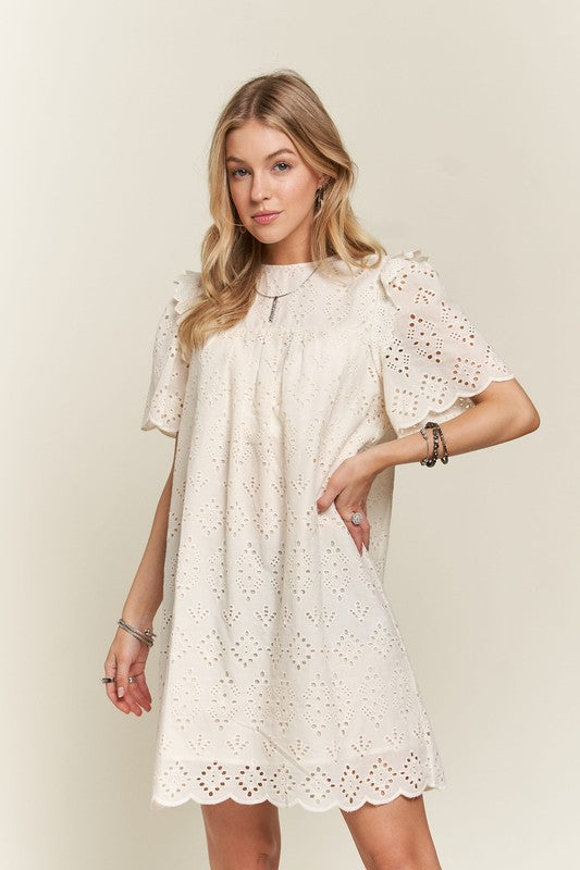 ADORA Ruffle Shoulder Eyelet Round Neck Scallop Edge Detail Mini Dress | Natural