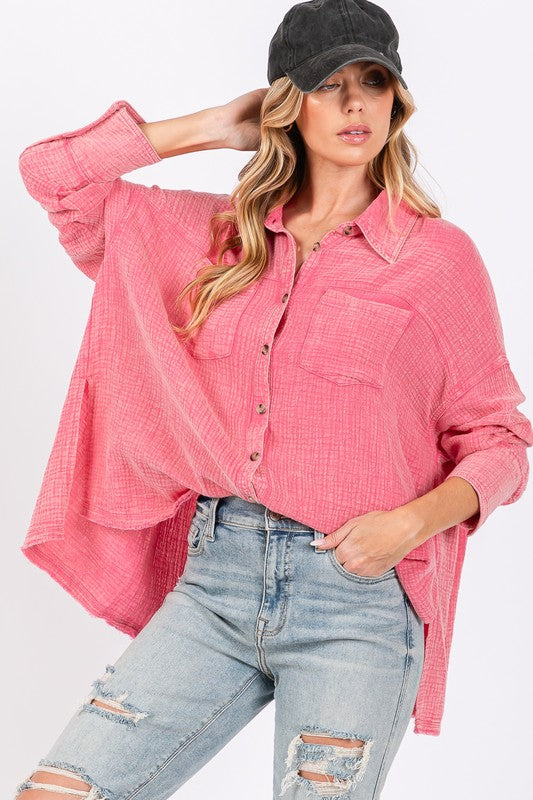 SAGE + FIG Frayed Hem Side Slit Button Down Pockets Oversized Shirt | Pink