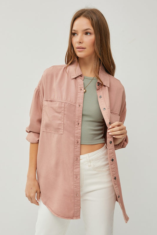 RISEN Button Up Long Sleeves Chest Pockets Relaxed Fit Denim Shirt | Mauve