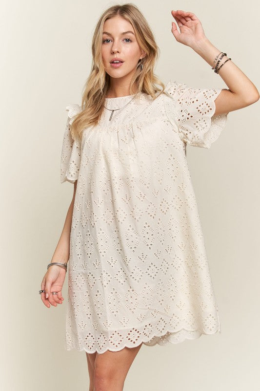 ADORA Ruffle Shoulder Eyelet Round Neck Scallop Edge Detail Mini Dress | Natural