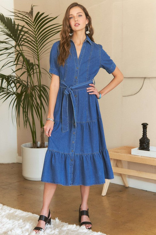 ADORA Tiered Detail Button Down Tie Waist Short Sleeves Dark Denim Midi Dress