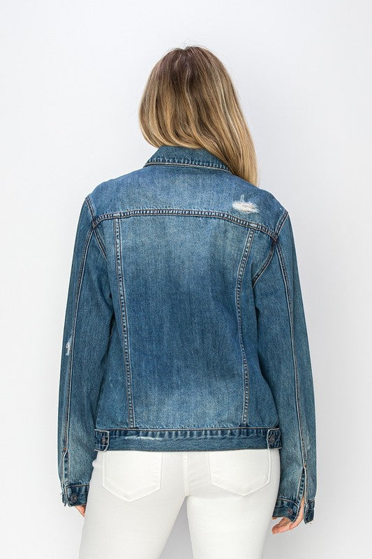 RISEN Distressed Button Up Chest Pockets Dark Wash Relaxed Fit Vintage Jacket