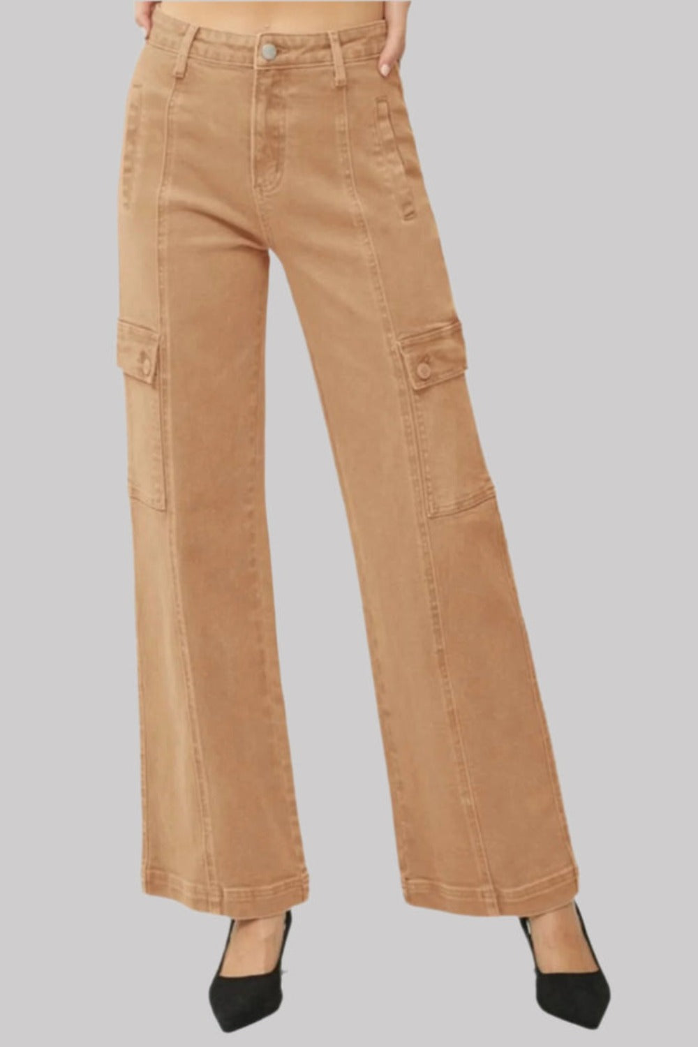 RISEN High Rise Cargo Pockets Zipper Fly Stretchy Wide Leg Denim Jeans | Cocoa