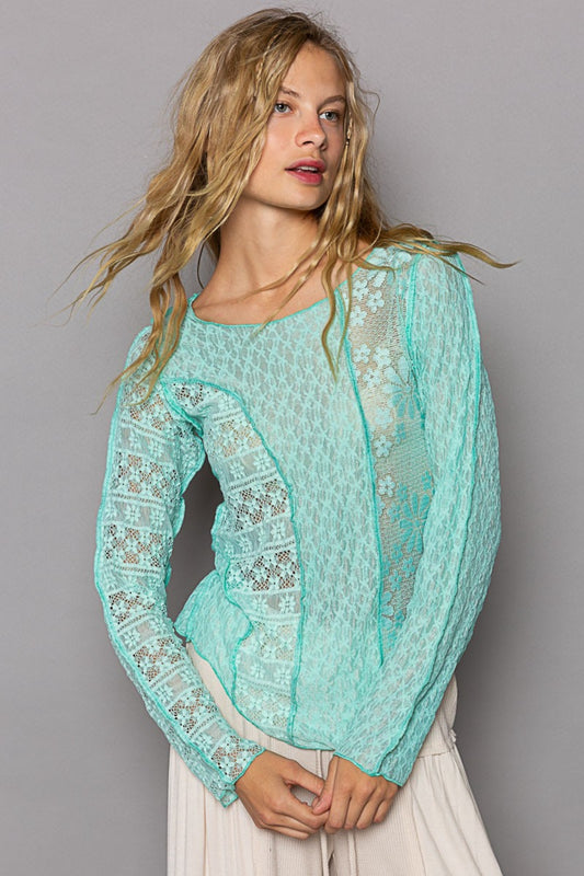 POL Exposed Seam Long Sleeves Boat Neck Floral Lace Knit Top | Electric Blue