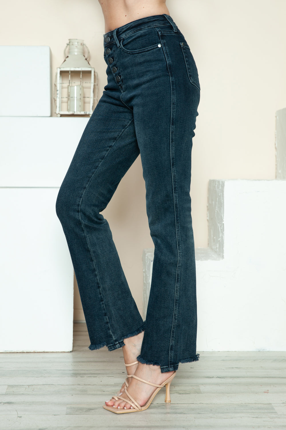 Judy Blue High Rise Waist Button Fly Hem Destroy Dark Wash Straight Denim Jeans