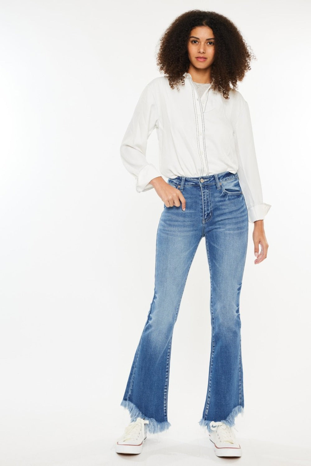 KanCan High Rise Raw Hem 5 Pockets Design Medium Wash Ankle Bootcut Denim Jeans