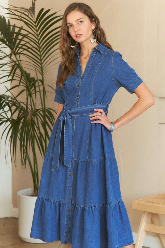 ADORA Tiered Detail Button Down Tie Waist Short Sleeves Dark Denim Midi Dress