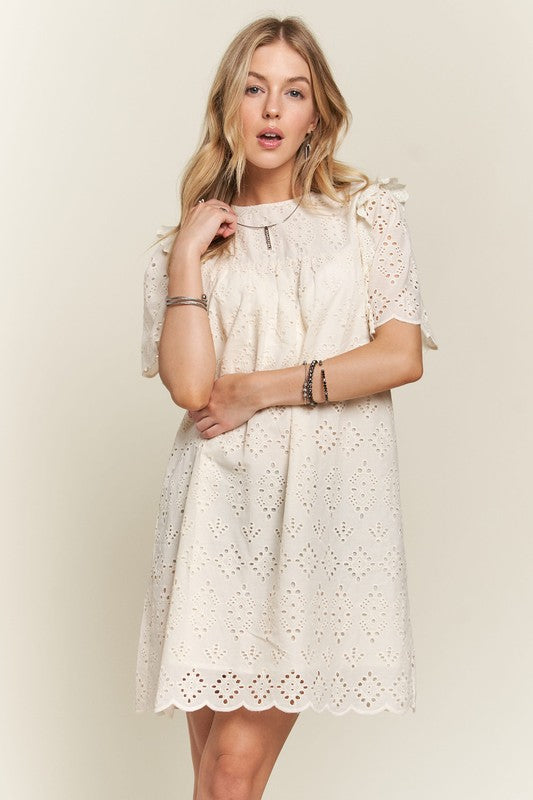 ADORA Ruffle Shoulder Eyelet Round Neck Scallop Edge Detail Mini Dress | Natural