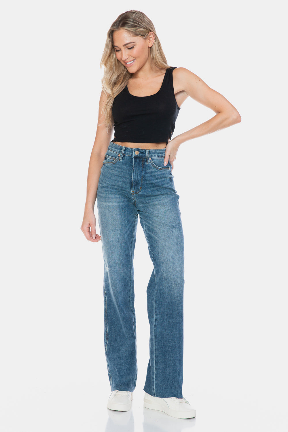 Judy Blue High Rise Tummy Control Cut Raw Hem Medium Washed Straight Denim Jeans