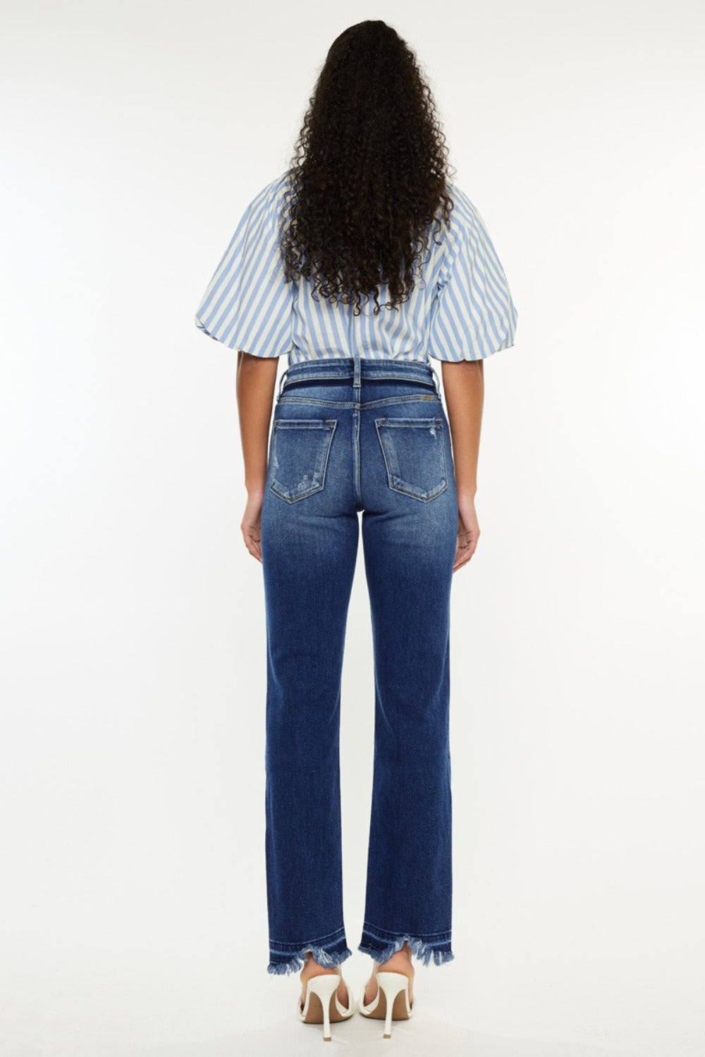 KanCan High Rise Waist Distressed Frayed Hem Dark Wash Slim Straight Denim Jeans