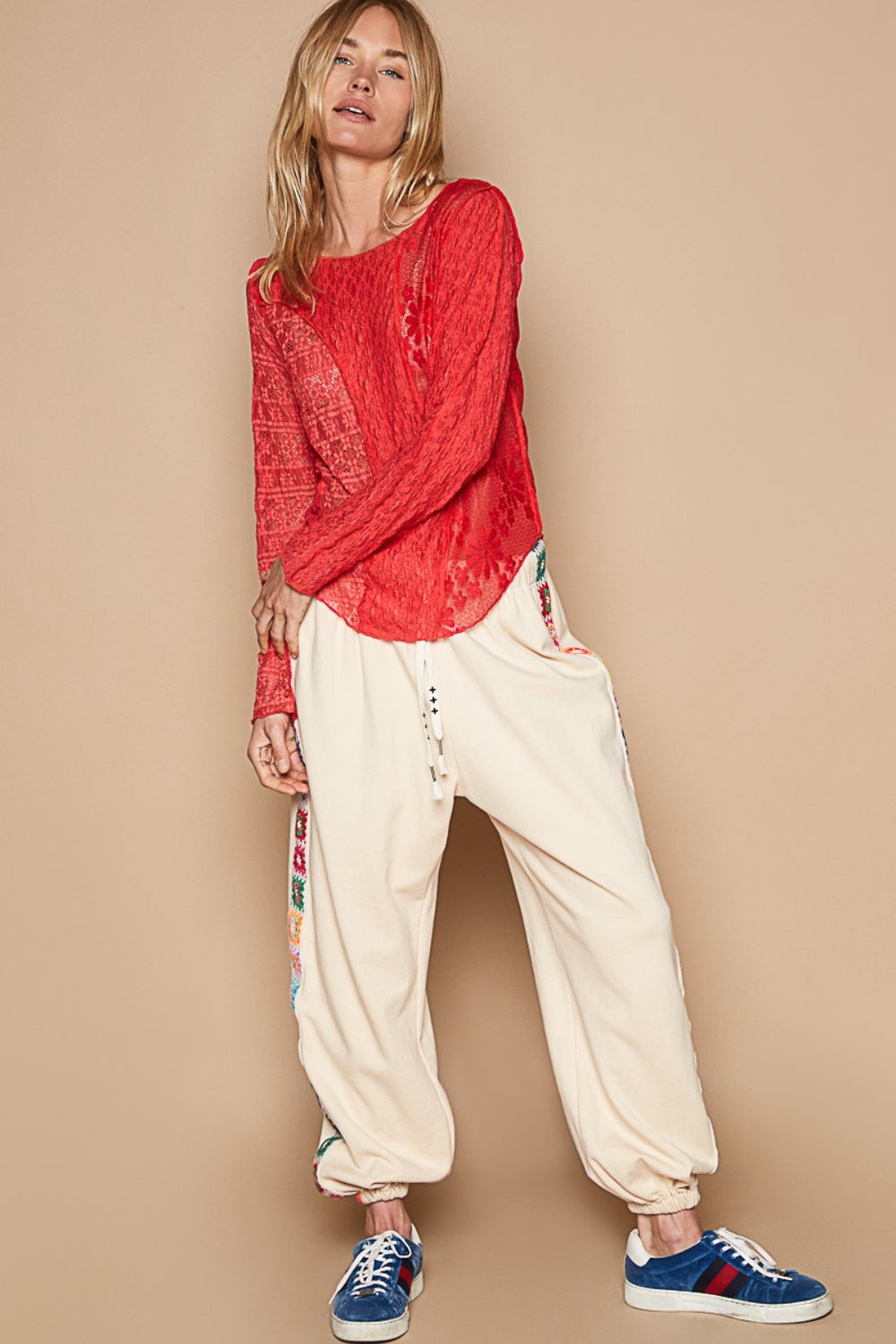 POL Exposed Seam Long Sleeves Boat Neck Floral Lace Knit Top | Real Red