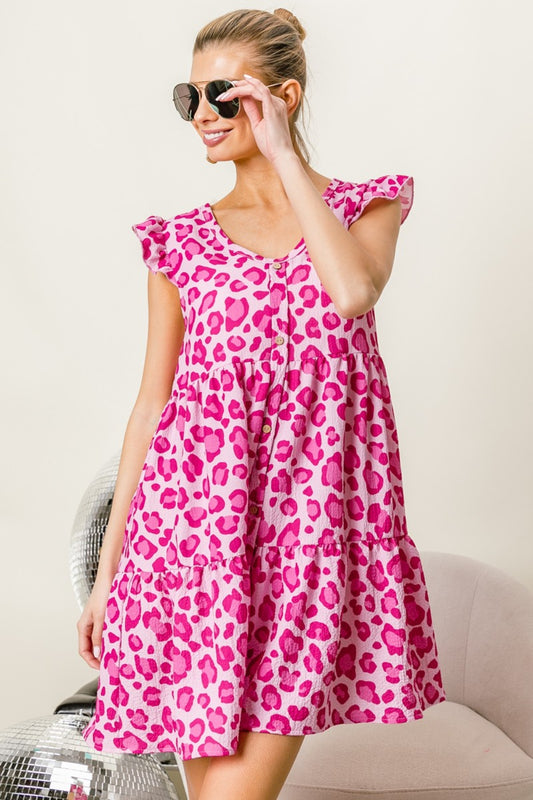 BiBi Leopard Print Cap Sleeves V-Neckline Tiered Mini Dress