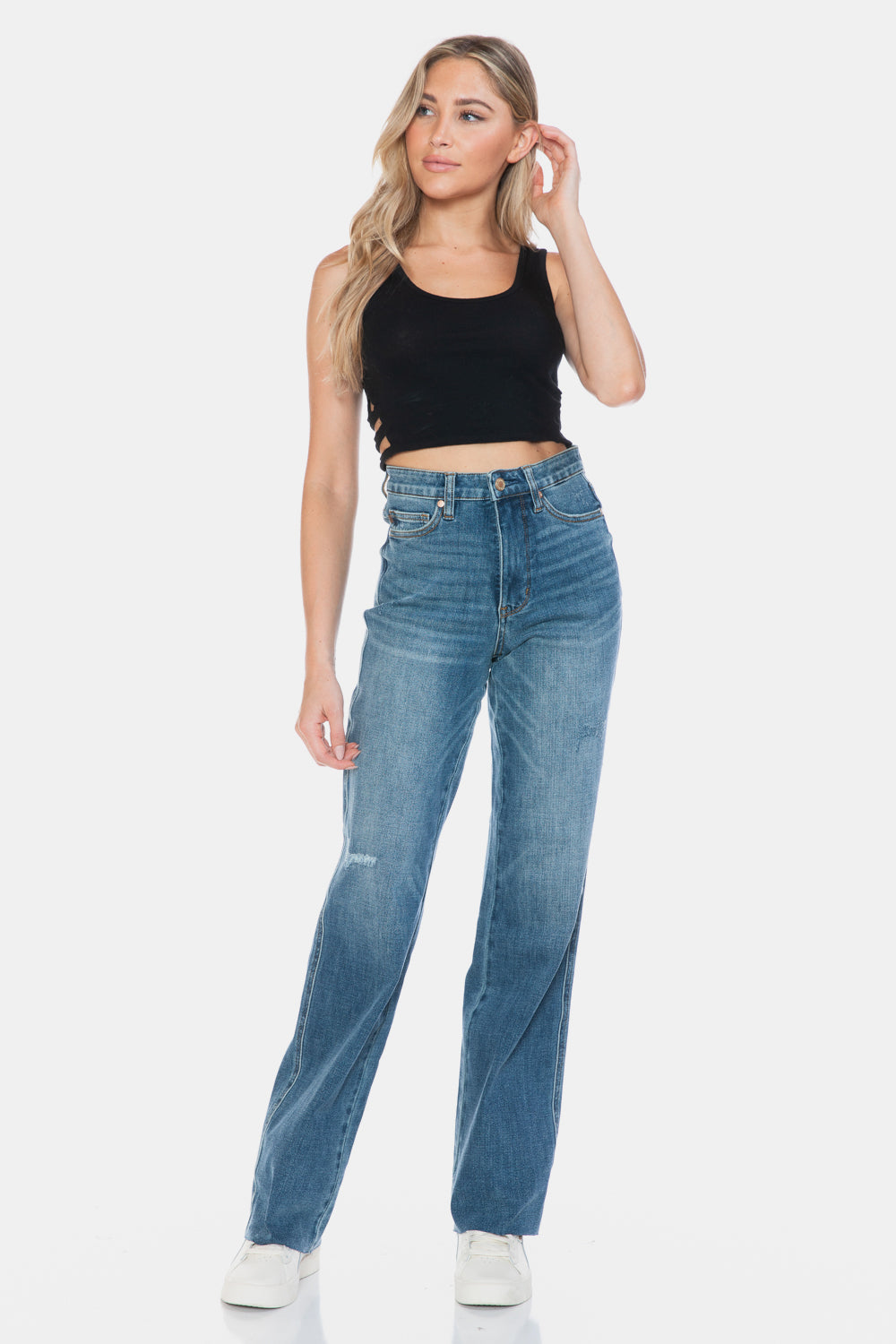 Judy Blue High Rise Tummy Control Cut Raw Hem Medium Washed Straight Denim Jeans