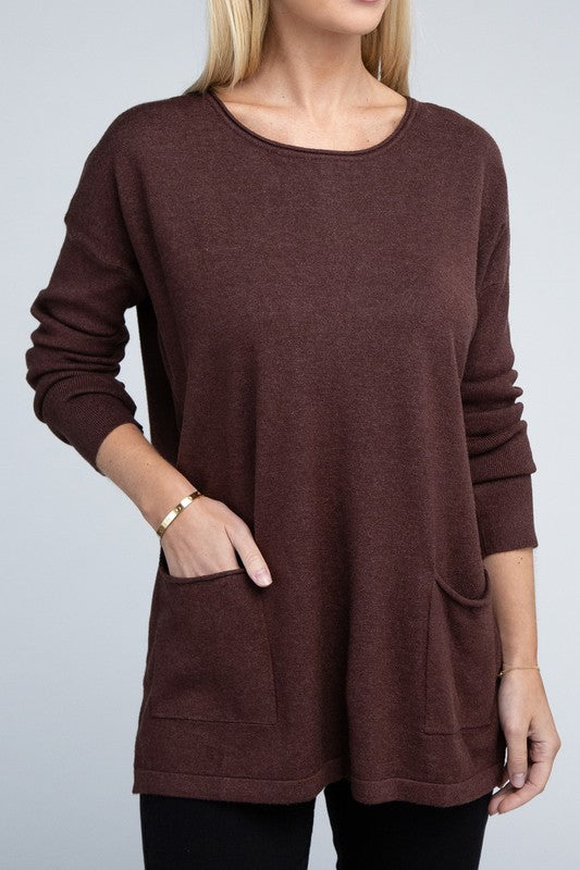ZENANA Relaxed Fit Long Sleeves Viscose Front Pockets Sweater