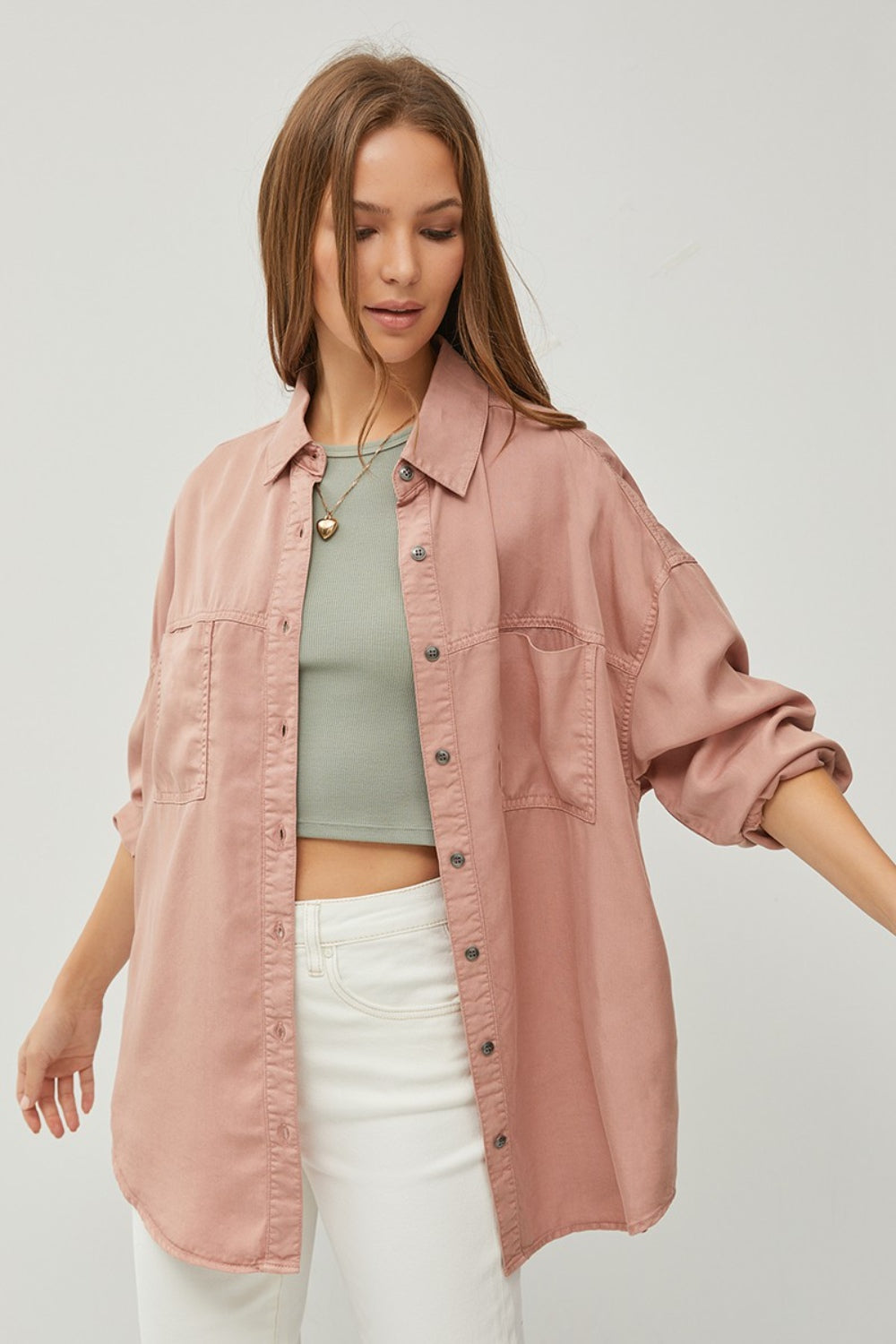 RISEN Button Up Long Sleeves Chest Pockets Relaxed Fit Denim Shirt | Mauve