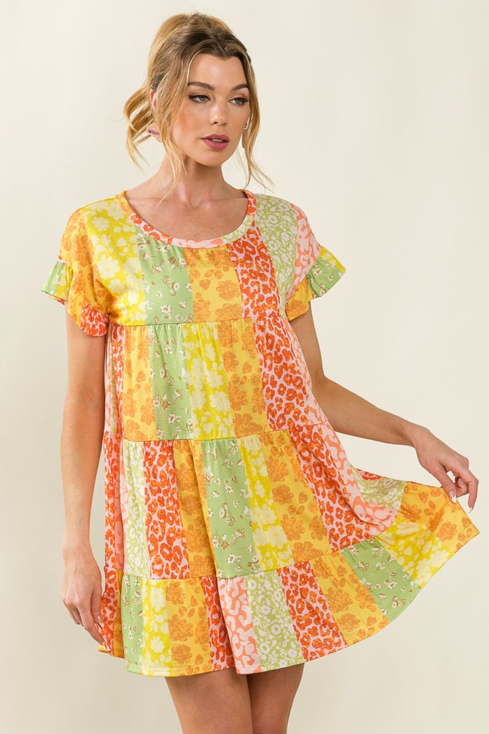 BiBi Leopard Print Short Sleeves Round Neck Tiered Mini Dress | Orange