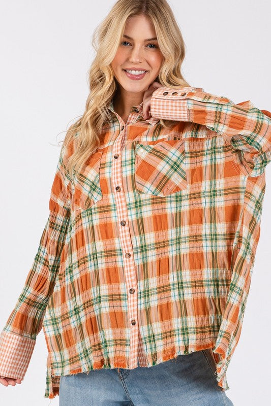 SAGE + FIG Side Slit Plaid Pattern Button Down Long Sleeves Shirt | Savanna