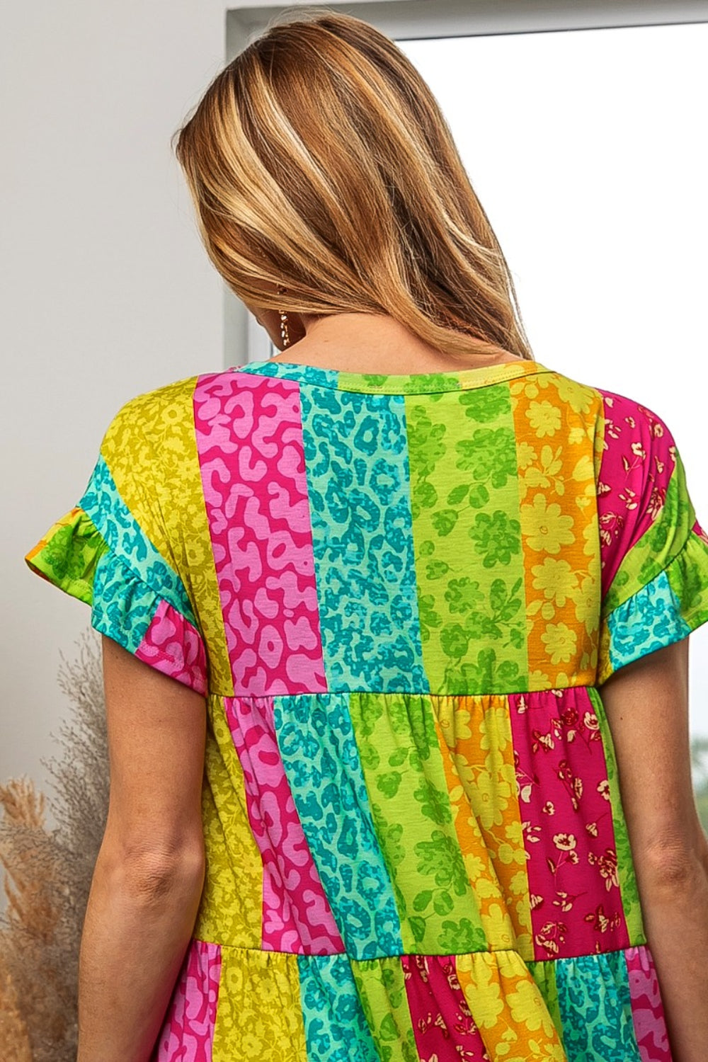 BiBi Leopard Print Short Sleeves Round Neck Tiered Mini Dress | Neon Green